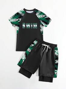 Tween Boy Floral Print Split Swimwear - Green - View 6