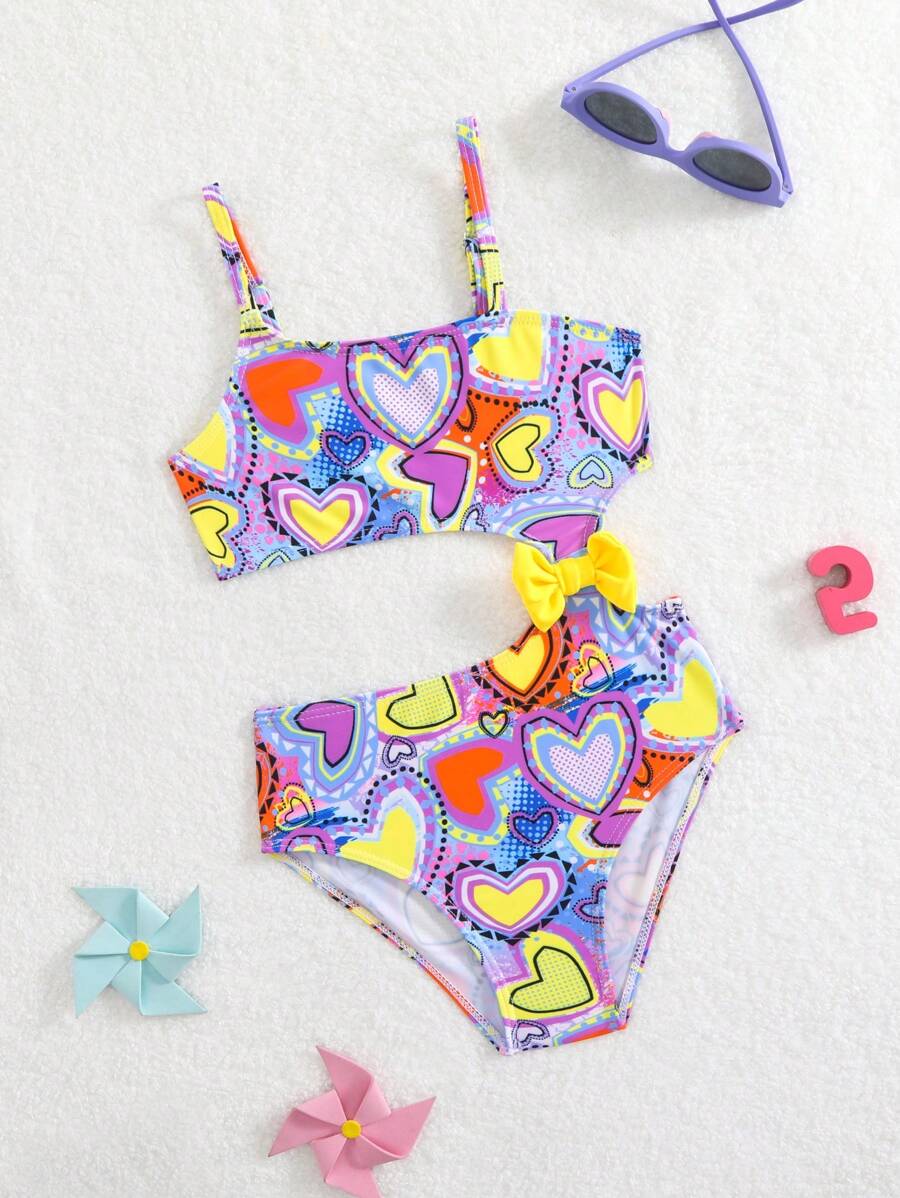 Adorable Heart-Print One-Piece Swimsuit With Bowknot For Young Girl (Assorted Prints) - Multicolor - View 1