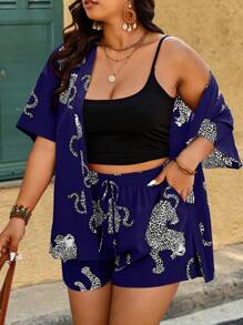 SHEIN Holidaya 2pcs Plus Size Women's Random Leopard Print Short Sleeve Kimono Shirt And Shorts Set - Navy Blue - View 5