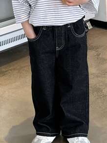 Dazy Kids 小男孩宽腿宽松休闲日常牛仔裤，带口袋，春夏秋装 - 黑色 - 查看 3