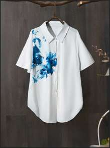 EMERY ROSE PLUS SIZE LUNE Women Ink Print Regular Fit Shirt,Short Sleeve Tops - Multicolor - View 5