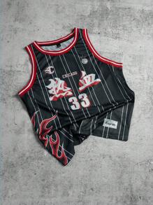 Manfinity EMRG Men's Street Style Academic Sports High Street Niche Basketball Jersey. Mesh Tank Top With Digital Prints Of The Number 33, Creatively Designed With Chinese Characters And Basketball Flame - Black - View 1