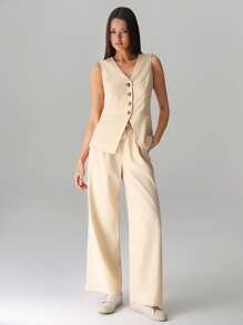 TRNVIE V领长背心＆休闲宽松直筒裤套装，春夏