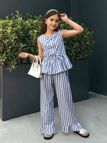 SHEIN Leap Crew Conjunto de 2 piezas para niñas preadolescentes con blusa sin mangas de cuello redondo con volantes y rayas + pantalones anchos de pierna suelta, para uso casual de resort - Azul - Ver 2