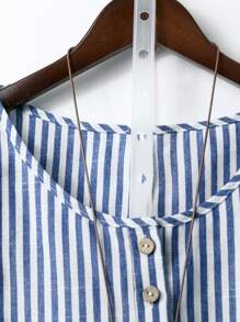 SHEIN LUNE Áo sơ mi đi nghỉ thường ngày cổ tròn tay 3/4 sọc vải lanh cỡ lớn cho nữ - Xanh và trắng - Xem 4