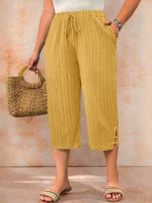 EMERY ROSE Pantalones de unicolor de talla grande, estilo sencillo y elegante, apropiados para el verano - Amarillo - Ver 3