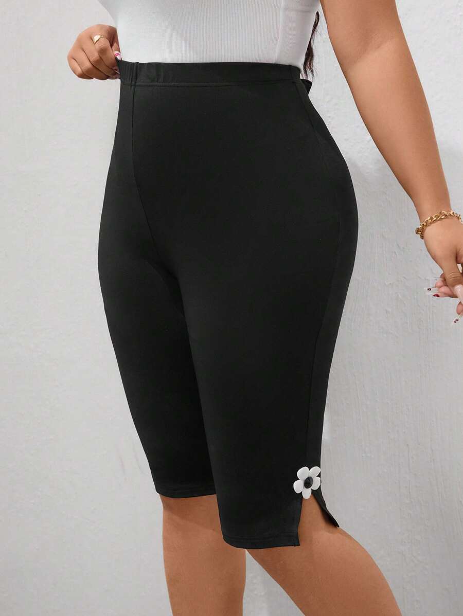 EMERY ROSE Plus Size Casual Versatile 3D Floral Decor Leggings - Black - View 1