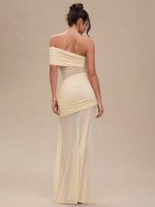 SHEIN BAE Vestito lungo con spalle scoperte, plissettato, in organza color albicocca, sexy e trasparente per donne, adatto per party, cerimonie, vacanze