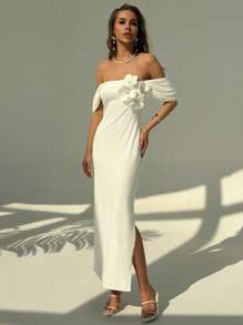 Aloruh White Off Shoulder Bodycon Dress With 3D Flower Detail For Women, Suitable For Evening Date - White - View 4