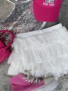 Coolane Kids Tween Girls Primavara/Vara/Drăguț/Streetwear Dantela Stretchy Contrast Dantela Pantaloni scurți albi