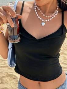 Jouncy Women's Black Solid Color Cross Chest Design Slim Fit Spaghetti Strap Camisole - Black - View 4