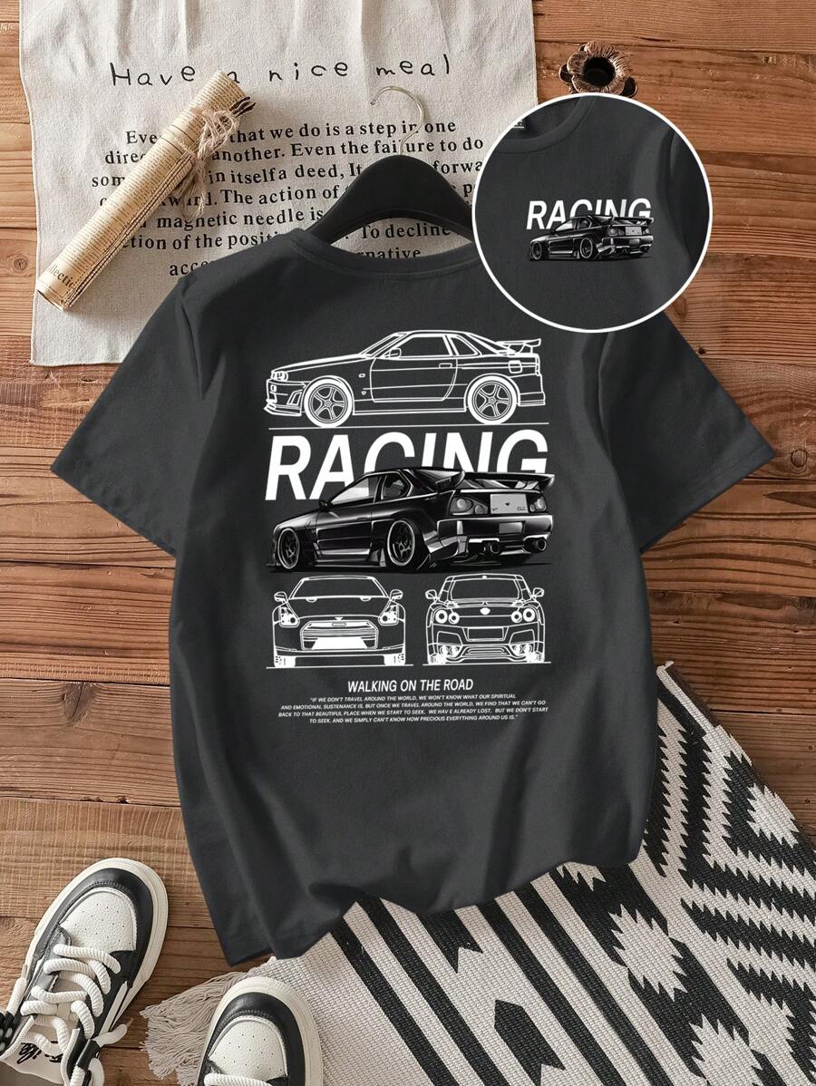 SHEIN EZwear Áo thun nữ cổ tròn tay ngắn in hình xe hơi đơn giản & tối giản, phù hợp cho mùa hè - Màu xám đen - Xem 1