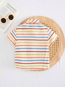 Cozy Pixies Baby Boy Colorful Striped Lapel Short Sleeve Cardigan, Casual & Versatile - Multicolor - View 2