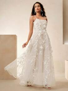 Anewsta Elegant Beaded Embroidery Floral Lace-Up Maxi Dress For Wedding Guest, Romantic Party Banquet Spring/Summer Outfits - White - View 2
