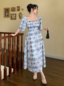 DAZY Elegant Boho Retro Style Blue & White Porcelain Floral Off Shoulder Midi Dress For Women, Summer Vacation Outfits Women - Blue - View 4