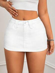 SHEIN ICON Women's Pockets Washed Denim Mini A-Line Skirt, Casual & Versatile - White - View 4