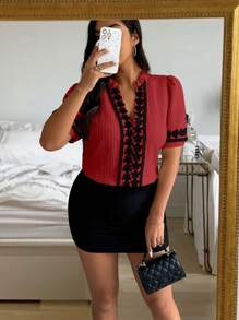 Calvaya Plus Size Contrast Color Ruffle Keyhole Neck Puff Sleeve Blouse - Burgundy - View 5