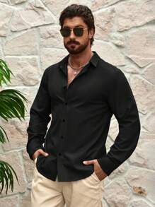Manfinity RelaxMax Camisa casual de manga larga de un solo pecho de unicolor para hombre, camisa casual de vestir para hombre