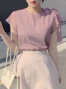 DAZY 女式短袖蝴蝶结前开襟套头衫，荷叶边 - 紫色 - 查看 1