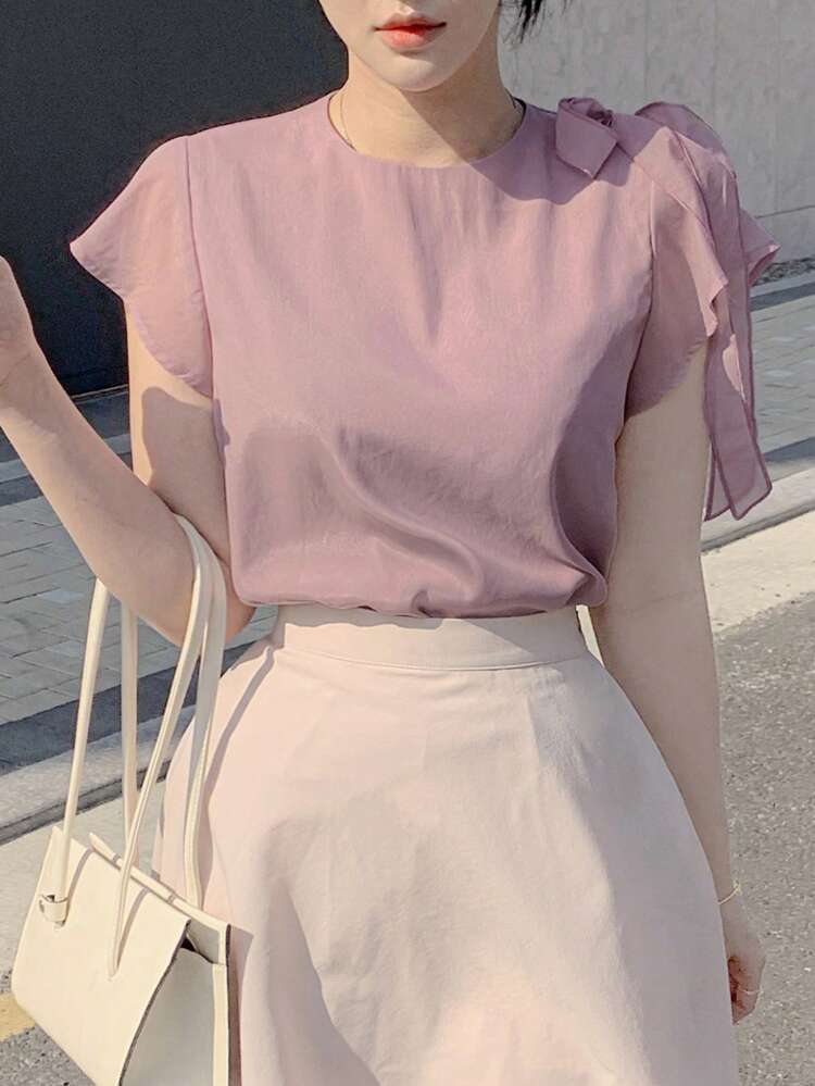 Women's Short Sleeve Bowknot Front Pullover Shirt,Ruffle