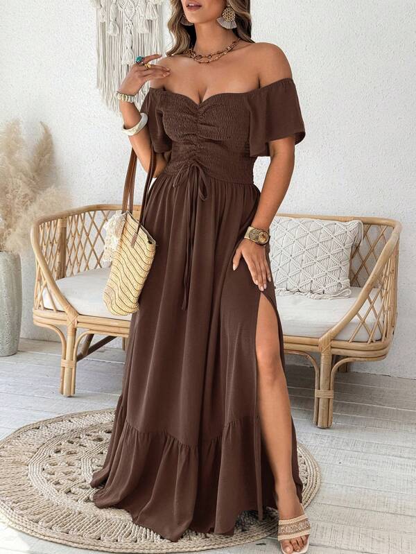 Franclia Plus-size dames elegante off-shoulder ruche taille-strik A-lijn lange jurk, lente/zomer