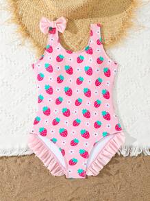 Tween Girls Strawberry Print One-Piece Swimsuit, Random Print - Pink - View 5
