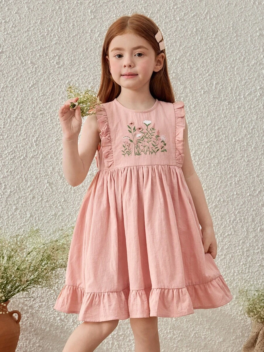 Blossori Young Girls' French Elegant Pink Floral Embroidered Ruffle Hem Sleeveless Dress, Spring/Summer - Pink - View 1