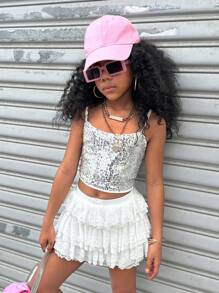 Coolane Kids Tween Girls Primavara/Vara/Drăguț/Streetwear Dantela Stretchy Contrast Dantela Pantaloni scurți albi
