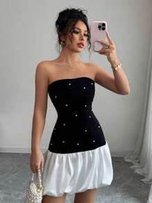 SHEIN Unity Vestido corto de satén, elástico y ceñido, con detalles de perlas, escote hombros descubiertos y contraste de color blanco y negro. Ideal para ocasiones como vacaciones, playa, cumpleaños, bodas, San Valentín, citas, eventos de negocios y fiestas. Nuevo diseño primavera/verano 2025. - Blanco y Negro - Ver 7