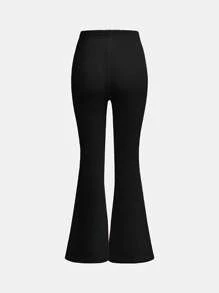 SHEIN Girlism Tween Girls 2 Pieces Set: Rib-Knit Solid Color Round Neck Fitted Pullover Top & Flare Leg Pants, Casual & Comfy - Black - View 3