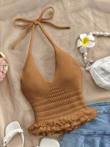 Soleia Casual Ruffle Trim Open Back Halter Neck Knit Blouse - Camel - View 7