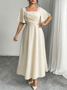 Modelyn 大码针织红色短袖 A 字腰收腰中长连衣裙 - 杏色 - 查看 3