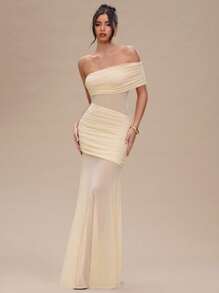 SHEIN BAE Vestito lungo con spalle scoperte, plissettato, in organza color albicocca, sexy e trasparente per donne, adatto per party, cerimonie, vacanze