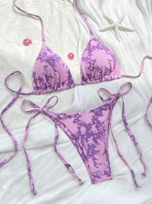 SHEIN Swim Vacation Beach Floral Print Random Bikini Set - Purple - View 1