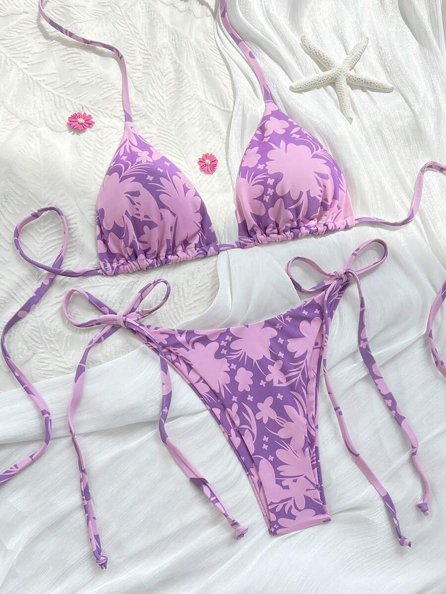 SHEIN Swim Vacation Beach Floral Print Random Bikini Set - Purple - View 1