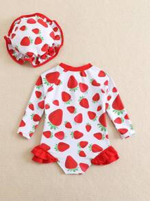 SHEIN GraphicGems 1pc Baby Girl Strawberry Print One-Piece Swimsuit With Hat