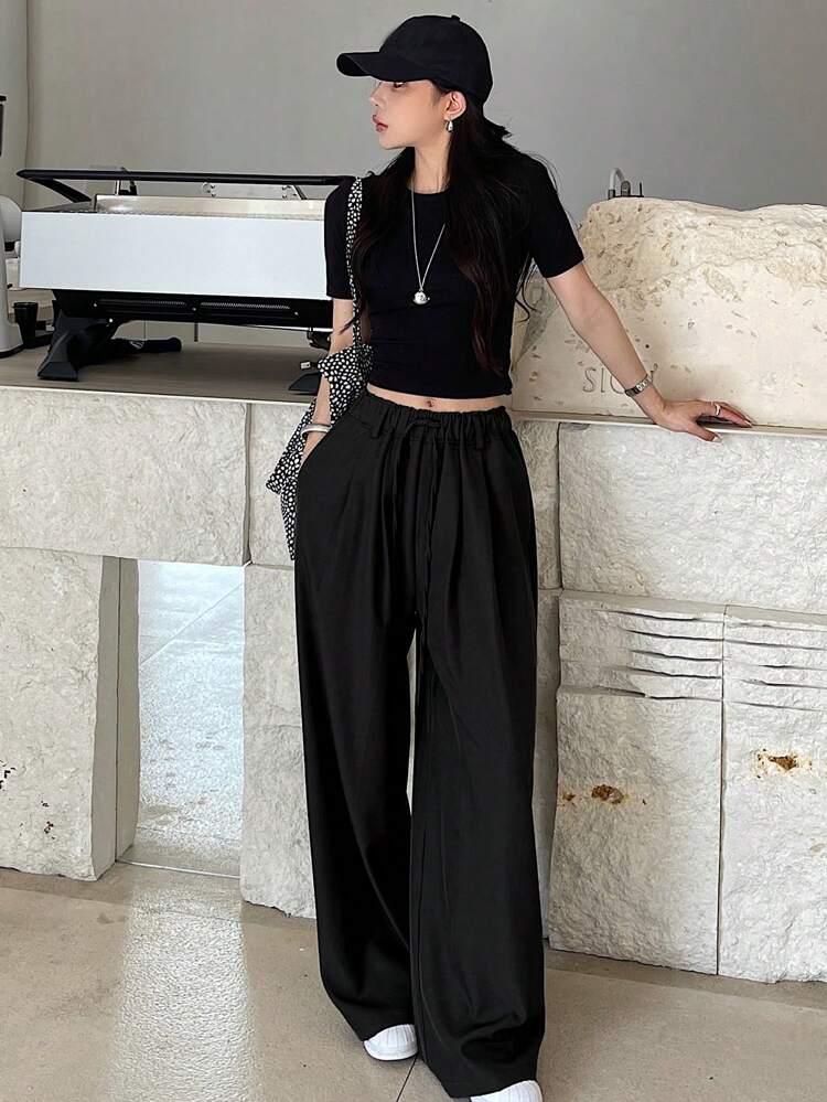Women's Casual Solid Color Drawstring Waist Long Pants