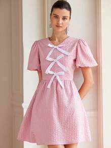 Aveloria Rosie Women's Mini Dress Solid Color Short Sleeve With Bow Decor   For Summer - Multicolor - View 3