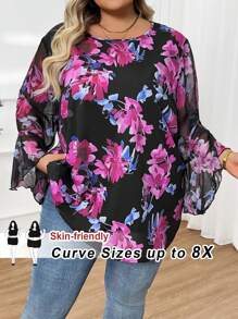 SHEIN CURVE+ 大码女式花卉印花喇叭袖雪纺上衣，优雅宽松，夏季，曲线加大码，波西米亚风度假海滩装，女士/海滩/海滩度假装/海滩必备品/毕业典礼/茶会