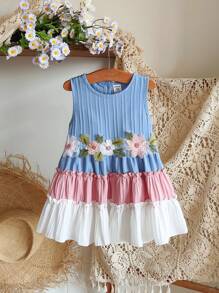 SHEIN Vintaside Kids 1pc Baby Girl Casual Cute Floral Embroidery Colorblock Dress - Multicolor - View 4