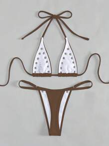 SHEIN Swim Springbreak 女士夏季铆钉性感派对音乐节休闲简约度假沙滩镂空系带吊带比基尼两件套泳衣，适合度假和海滩 - 咖啡棕 - 查看 2