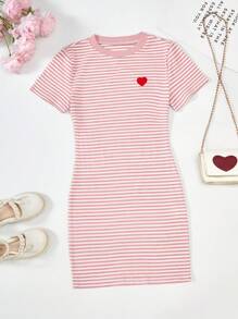 SHEIN Explorewe Girls Casual Striped Knit Heart Fitted Dress