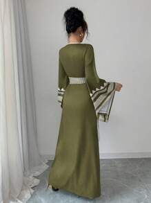 Chiquease 女士优雅花卉交叉喇叭长袖连衣裙 - 綠色 - 查看 2