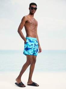 Surfspeed Men's Shark Print Drawstring Waist Beach Shorts - Baby Blue - View 3