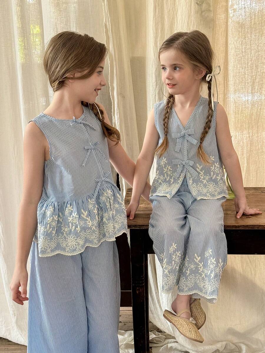 LMoss Kids LMoss 2pcs Set Young Girl Woven Embroidered Round Neck Top And Loose Casual Pants Sisters Outfit, Suitable For Spring And Summer - Multicolor - View 1