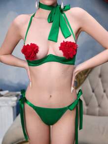 Vintage sexy Blumen bedruckter Bustier mit Schleife und Panty Dessous Set für Frauen