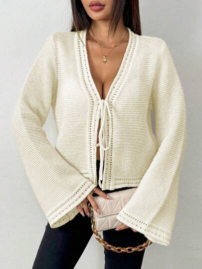 Selianne Women Elegant Cream White Cardigan,Fall Winter V-Neck Front Tie Flare Long Sleeve Loose Fit Plain Knitted Sweater,Spring/Fall Brunch Casual Wear
