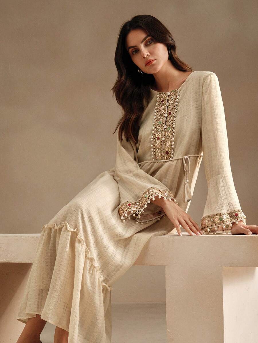 Anewsta Elegant Embroidery & Beaded Decor A-Line Dress For Women Maxi Women Outfit - Apricot - View 1