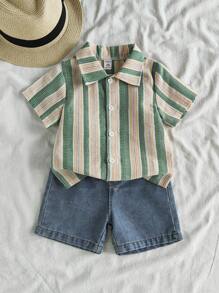 SHEIN Vintaside Kids Baby Boy Spring Summer Casual Outfit: Striped Short Sleeve Polo Shirt And Fashion Washed Denim Shorts Set, Suitable For Home, Resort, Gathering With Friends