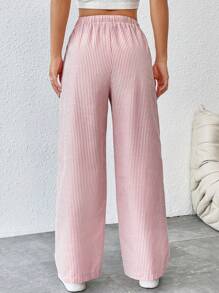 SHEIN PETITE CURVE Plus Size Casual Striped Drawstring Waist Straight Leg Pants - Pink - View 2
